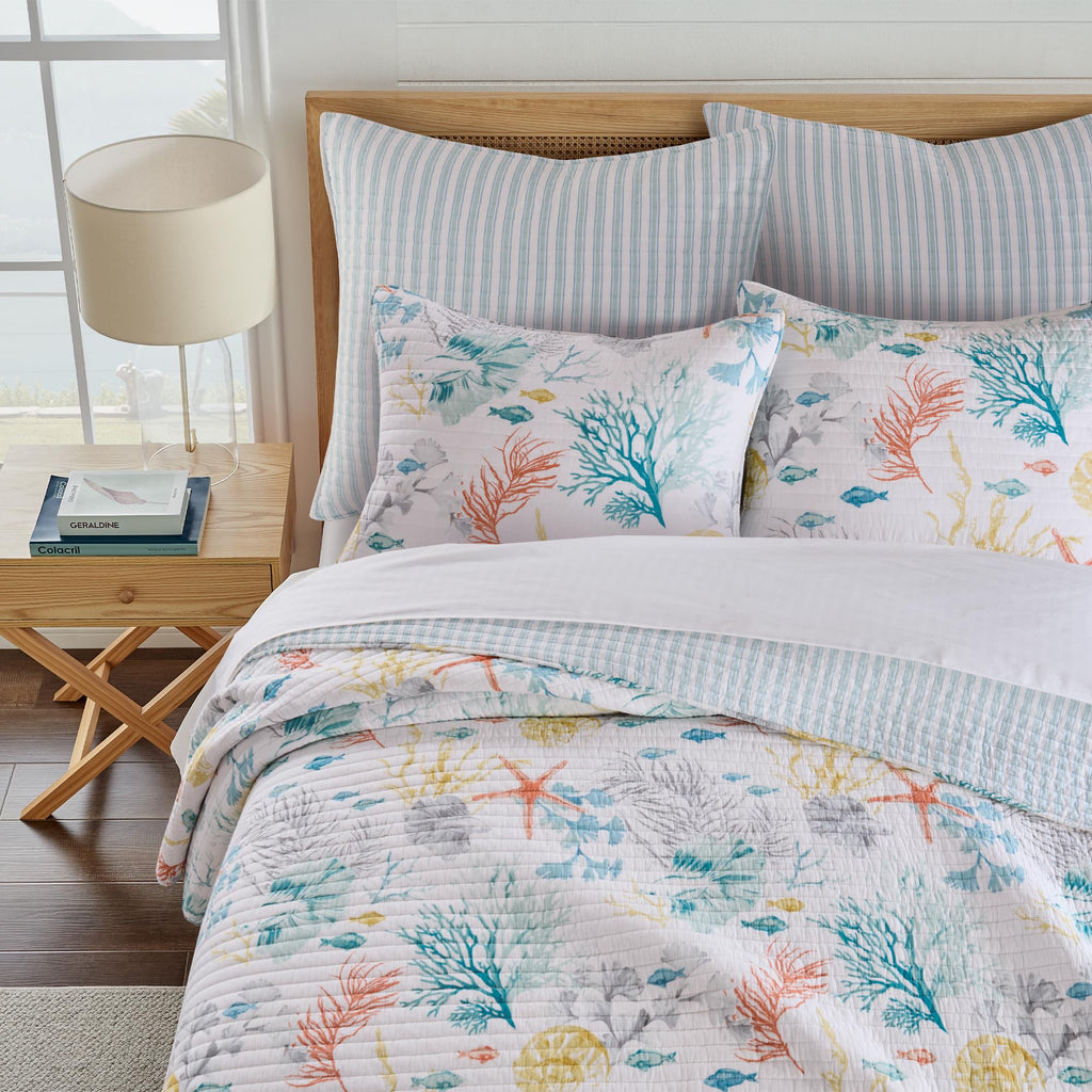 Whimsical Sea Quilt Set - Quilt and Two Standard Shams - Coastal - Blue Teal Yellow Orange Grey White