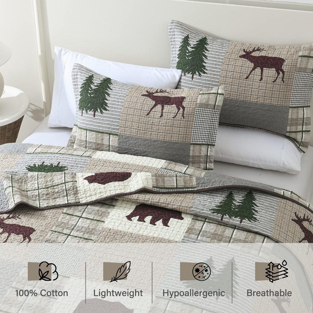 Quilt - 100% Cotton Lightweight Cabin Plaid Quilt Bedding Set, Forest Tree Brown Bear Deer Patchwork