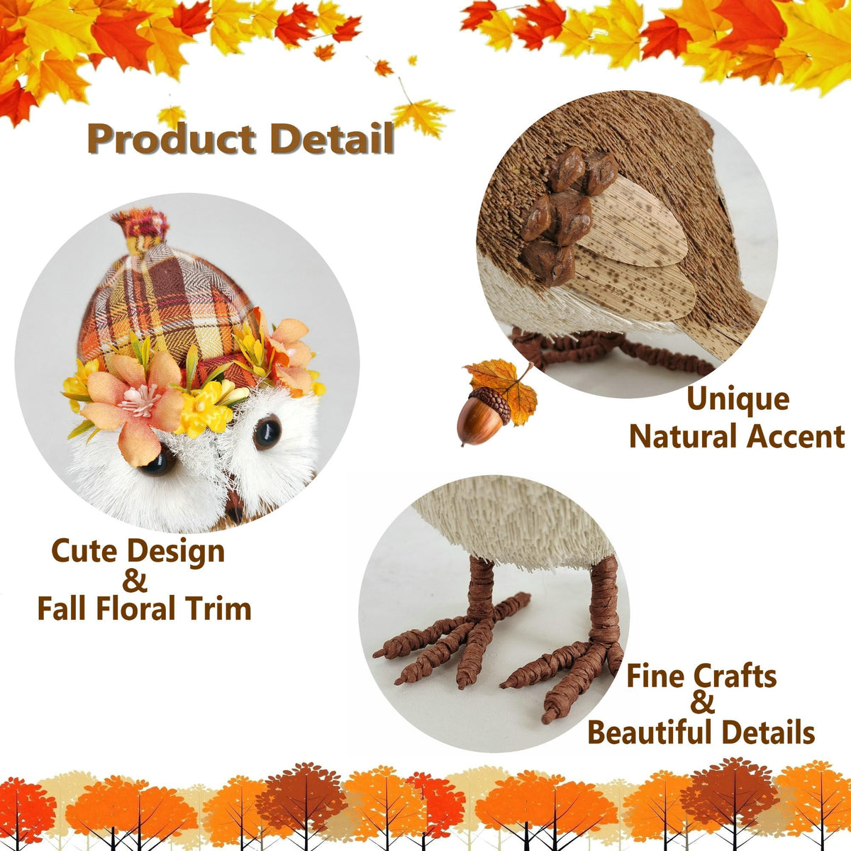 7.9 Inches Set of 2 Sisal Owl Decor in Hat for Fall Home Decor