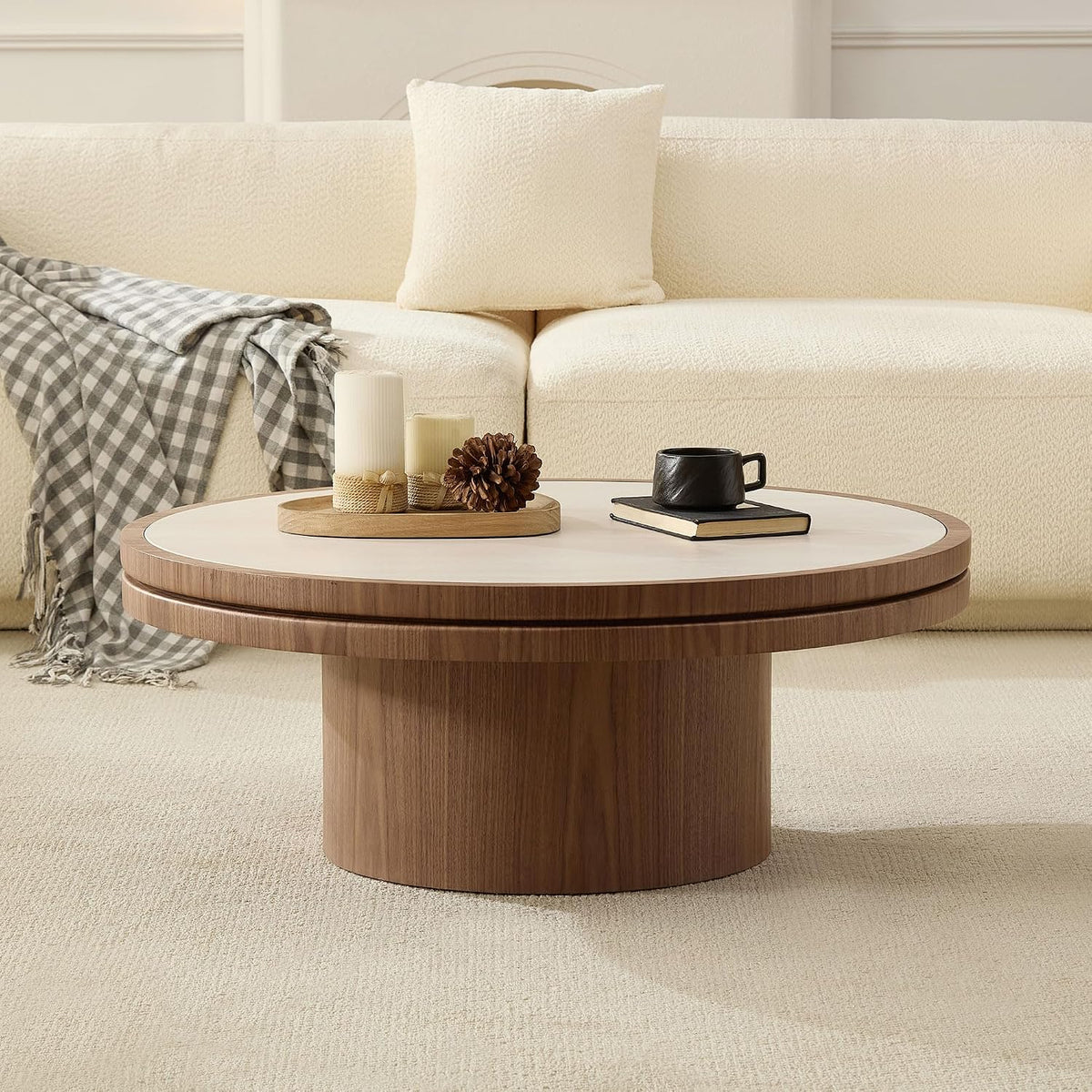 35.43" Round Coffee Table Sintered Stone for Living Room, Round Wood Pedestal Coffee Table with Travertine Texture Tab