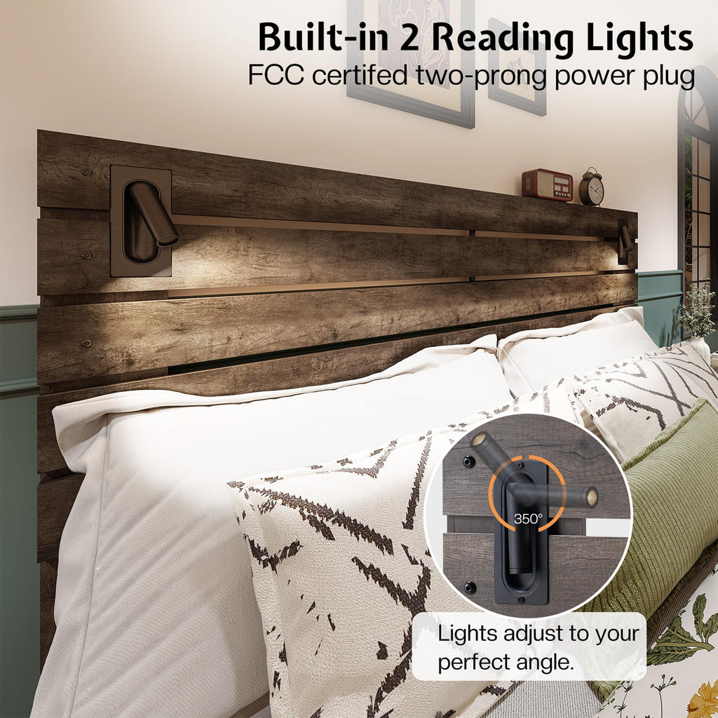 Bed Frame Farmhouse 51" Headboard&Reading Lights, Ash Grey