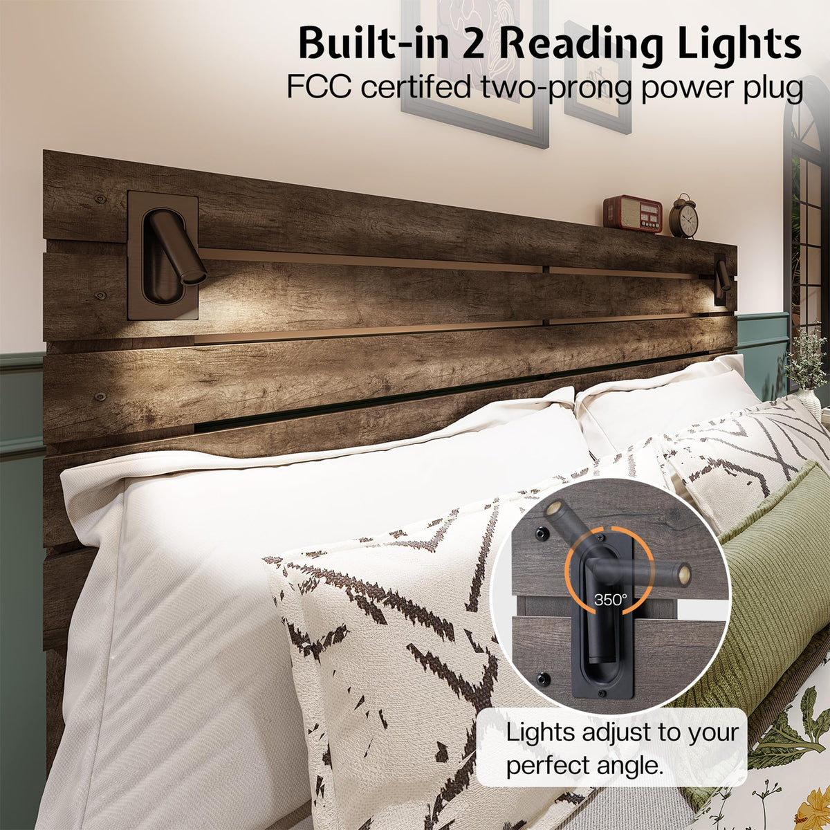Bed Frame Farmhouse 51" Headboard&Reading Lights, Ash Grey