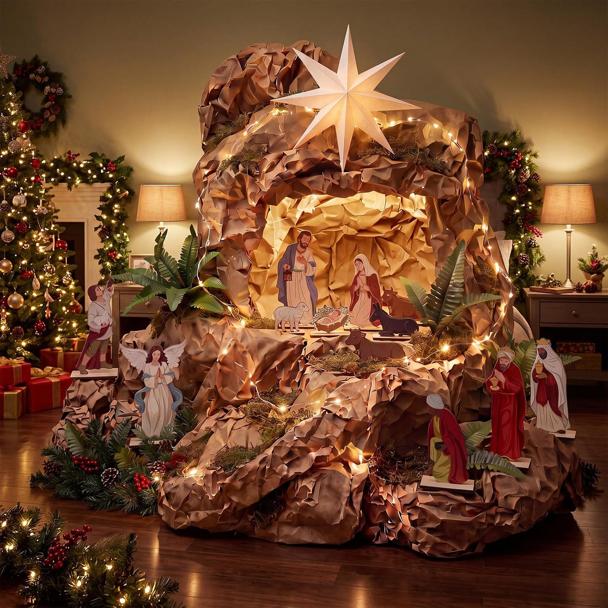 Nativity Scene Wall Decor Kit, 13 Wooden Figures with LED Lights