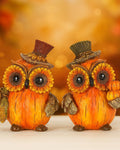 Set of 2 Thanksgiving Decorations Owl Figurines - Hand-Painted Resin Pumpkin Owls with Sunflower Eyes & Hats, 4.7"
