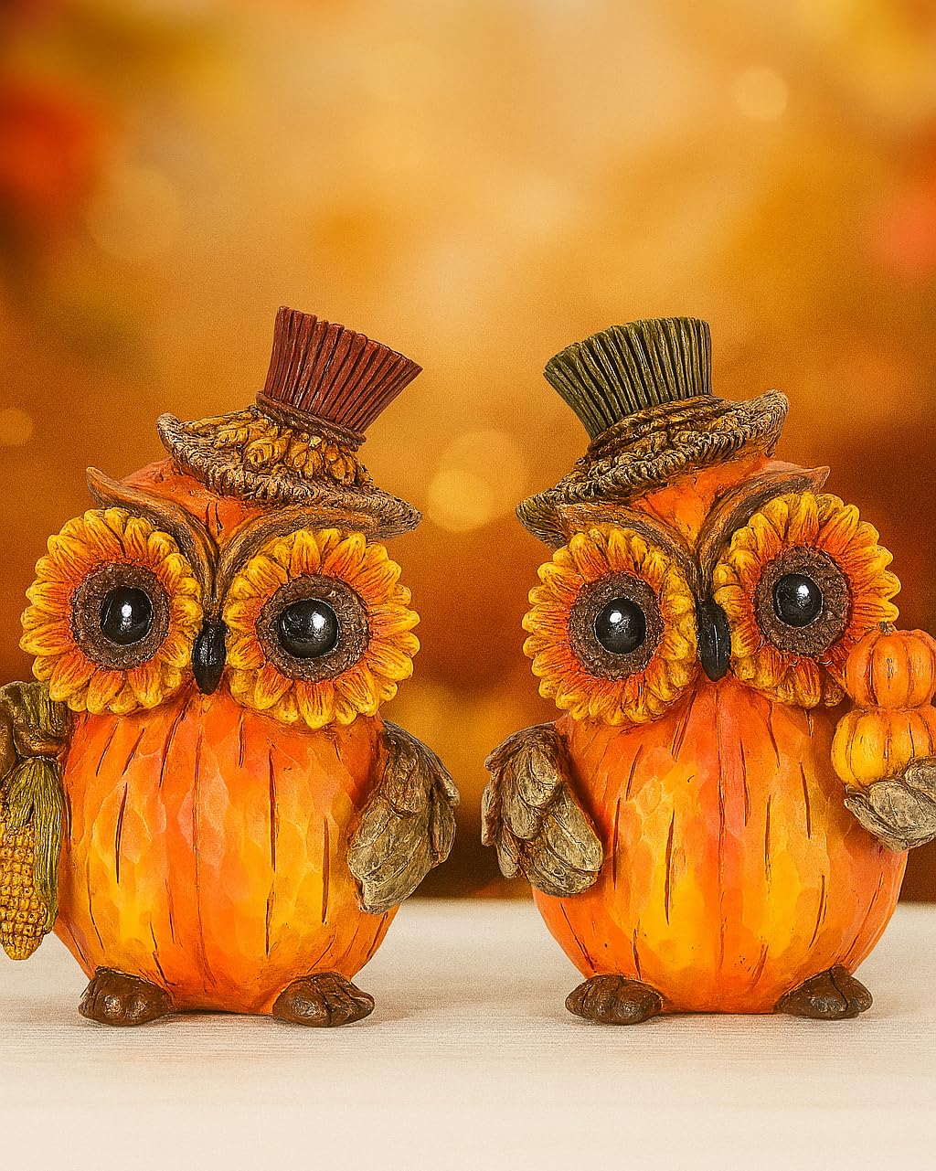 Set of 2 Thanksgiving Decorations Owl Figurines - Hand-Painted Resin Pumpkin Owls with Sunflower Eyes & Hats, 4.7"