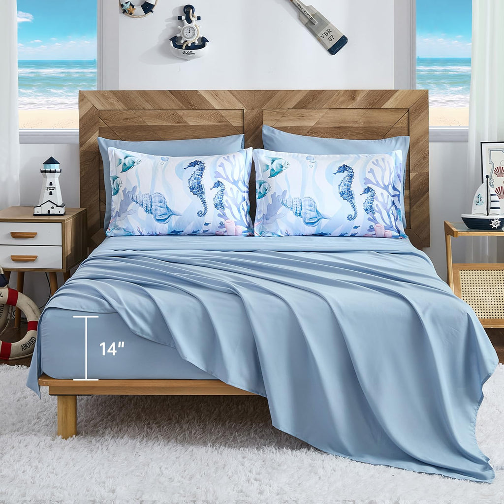 Comforter Set Coastal, Coral Beach Themed Comforters Diving Deep Ocean Bedding with Sheets 7 Pieces Bed in