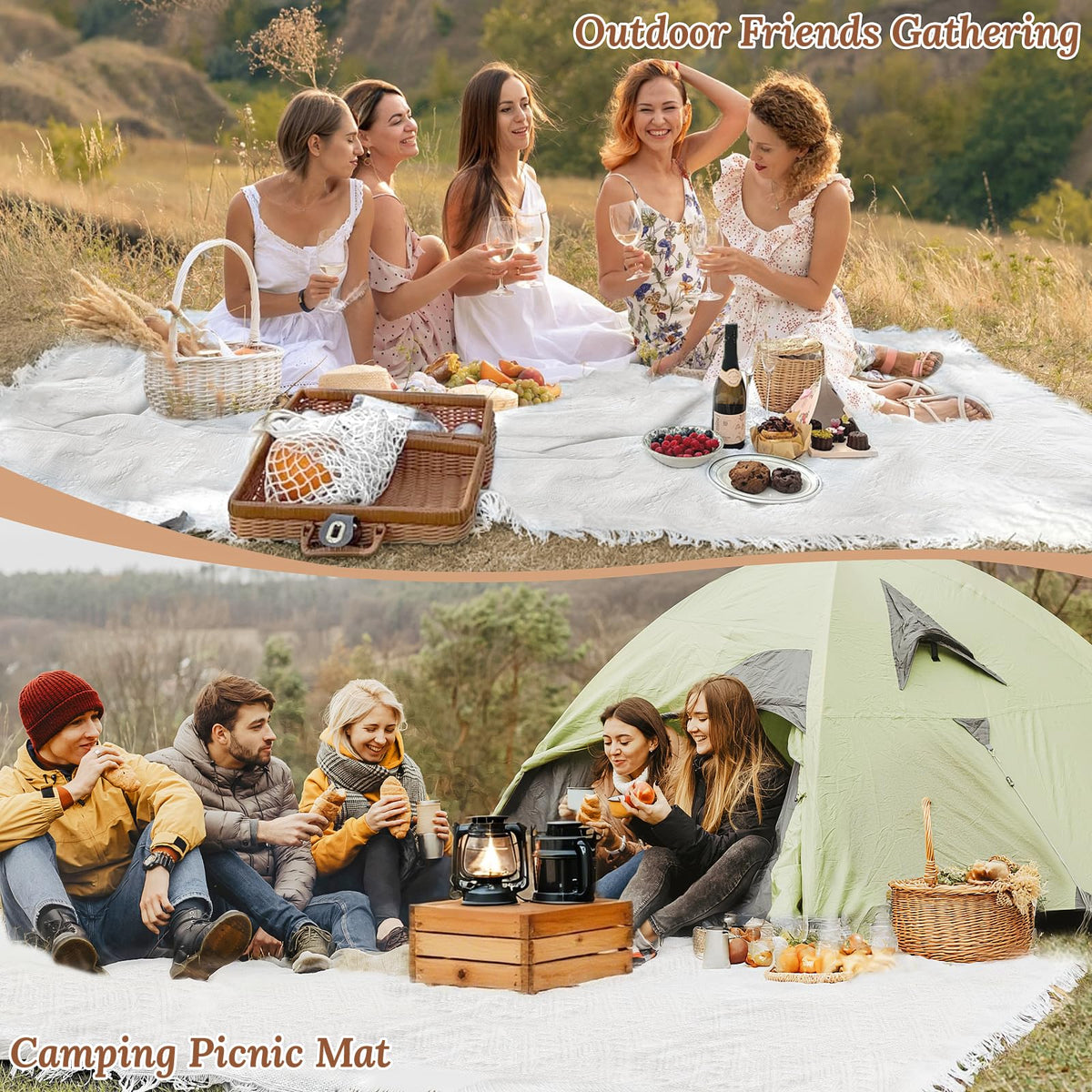 134 x 91 Extra Large White Outdoor Picnic Blanket, Woven Cotton Yarn Oversize Portable Blanket with Fringe for