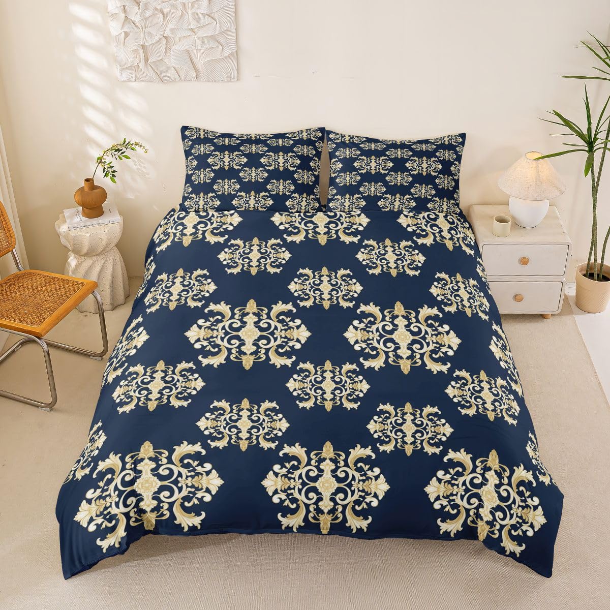 Baroque Print Duvet Cover Twin Blue Gold Navy Paisley Bohemian Comforter Cover Vintage Hippie Boho Bedding Set Golden