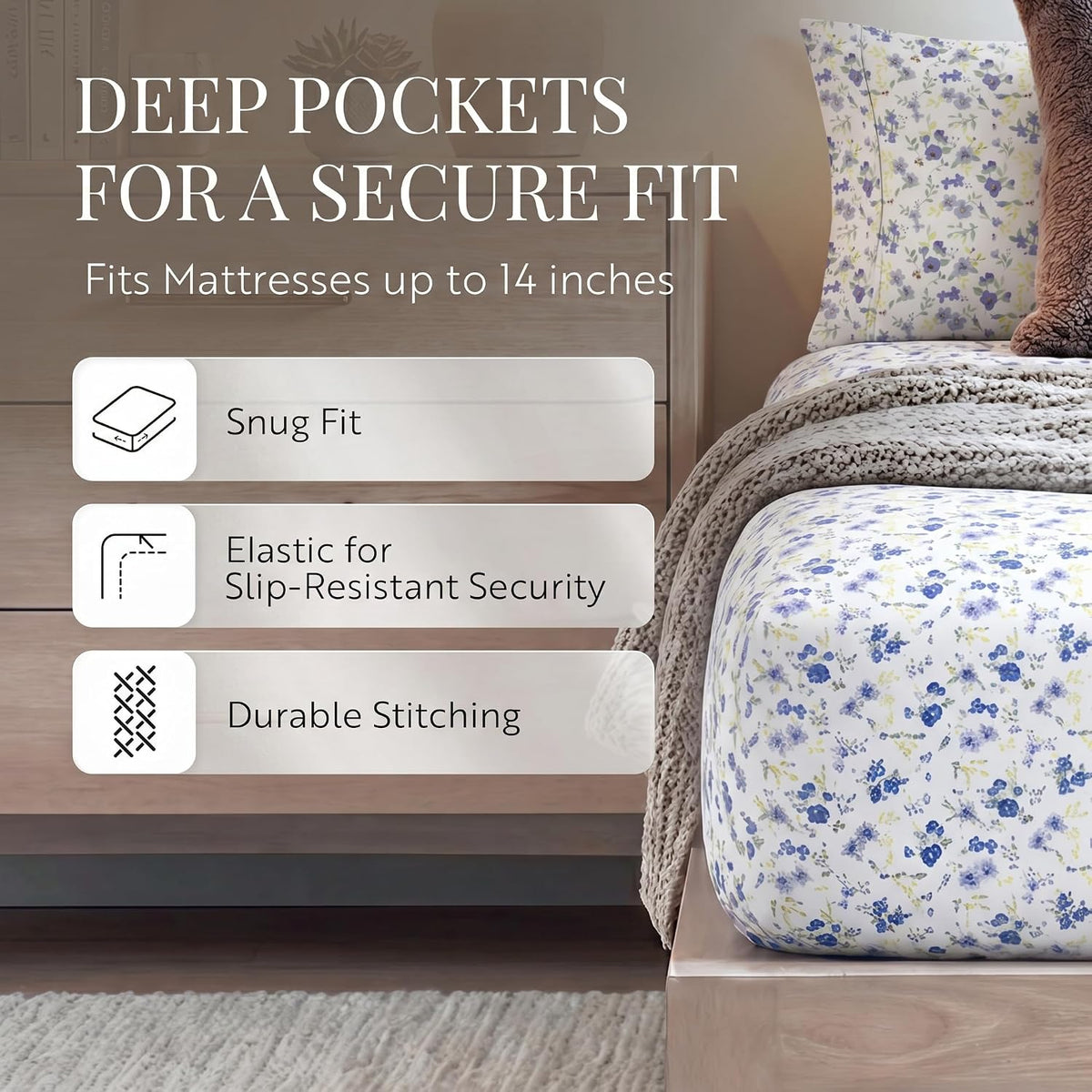 4 Piece Sheet Set - Breathable, Double-Brushed Patterned Cooling Sheets - Ultra Soft & Wrinkle-Free 16"