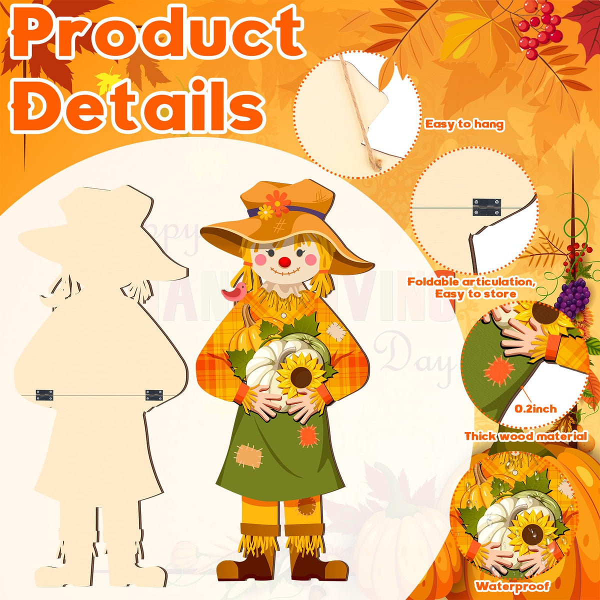 2 Pcs Thanksgiving Scarecrow Door Decor, Fall Welcome Hanging Sign