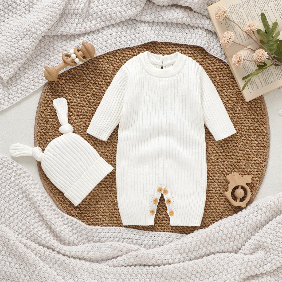 Baby Cotton Knit Romper & Hat Set