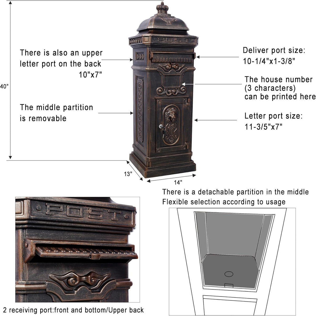 Copper Mailbox, Large Lockable Package Drop Box with Roman Statue, Rustproof Cast Aluminum Mail Boxes Mount Design