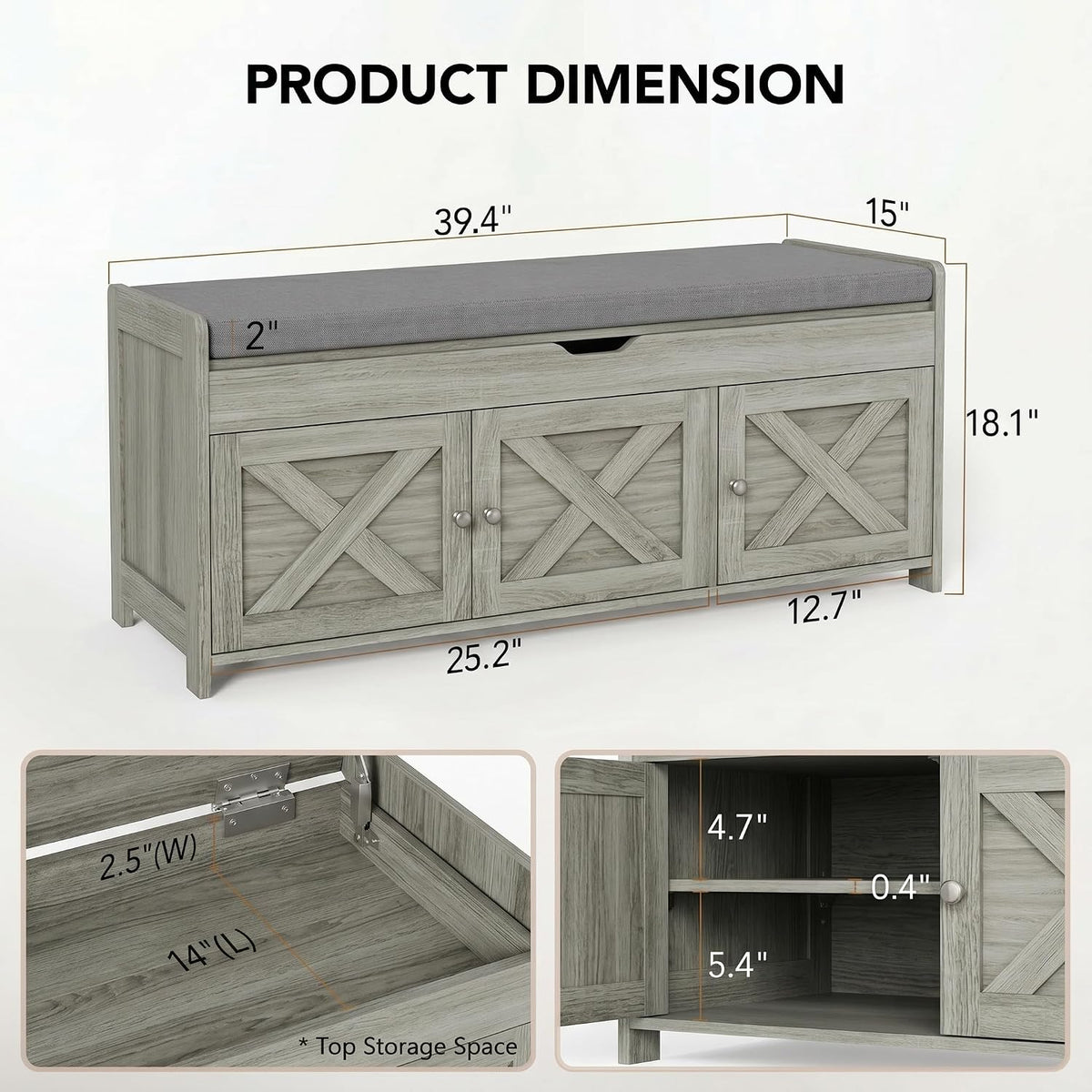 Shoe Storage Bench with Seating, Farmhouse Entryway Bench with Shoe Storage and Cushion, Under Window Benches Wooden