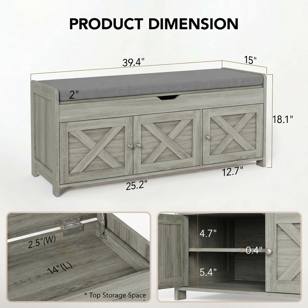 Shoe Storage Bench with Seating, Farmhouse Entryway Bench, Grey