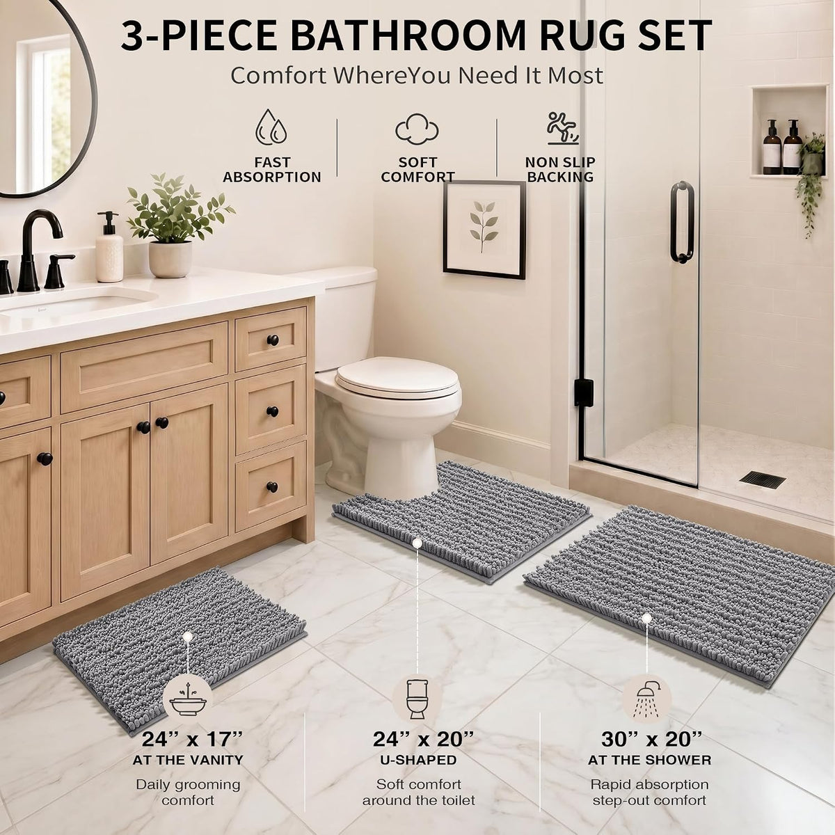 Bathroom Rug Set 3 Piece - Super Absorbent Quick Dry Chenille Bath Mats & Toilet Rug, Non Slip Machine Washable