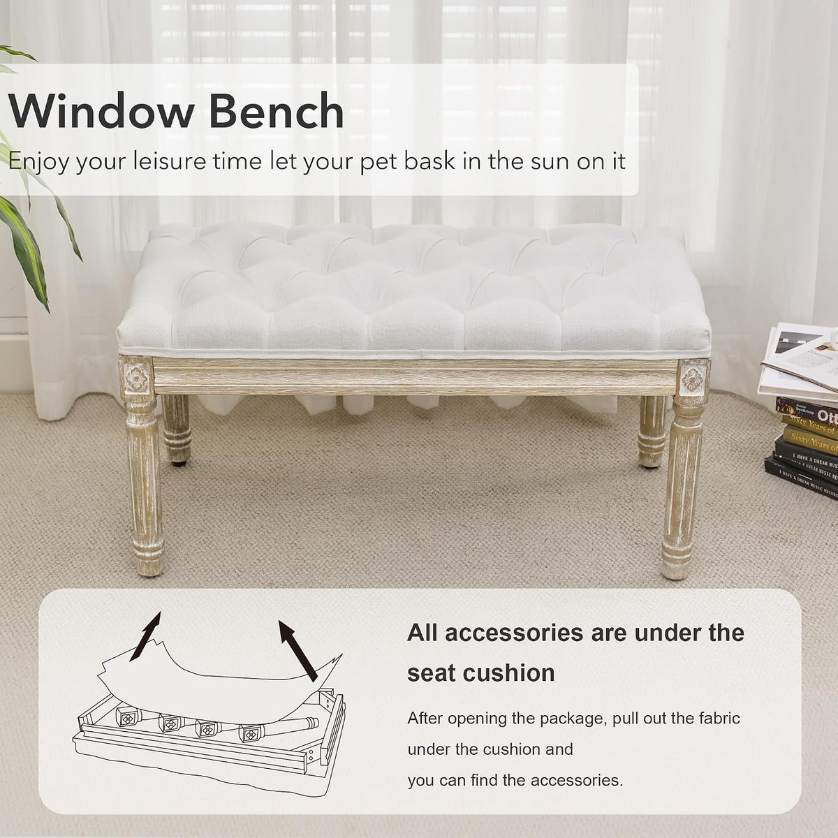 French Vintage Bench, Linen Fabric Entryway Bench, Upholstered Tufted End of Bed Bench with Brushed Wood Legs, White