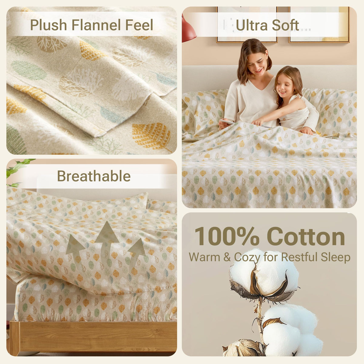 Cozy Flannel Sheets 100% Cotton, Sheet Set, 4 Piece