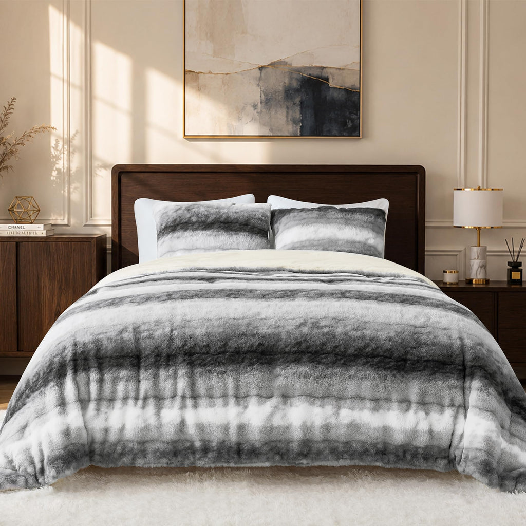 Fluffy Faux Fur Comforter Set, 2-Piece Plush Bedding, Grey