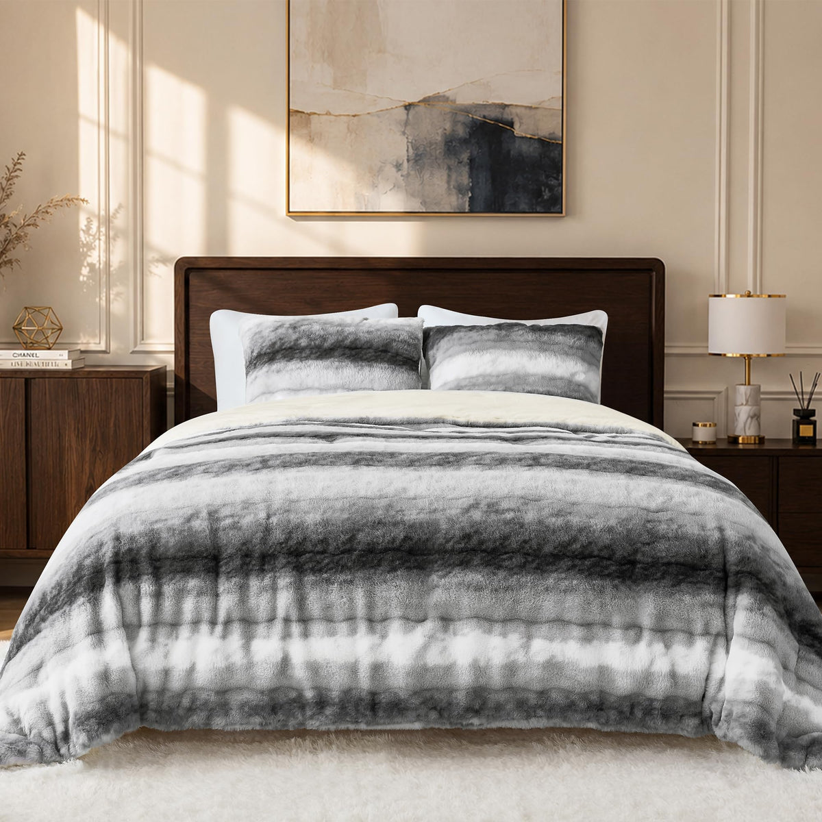 Fluffy Faux Fur Comforter Set, 2-Piece Plush Bedding, Grey