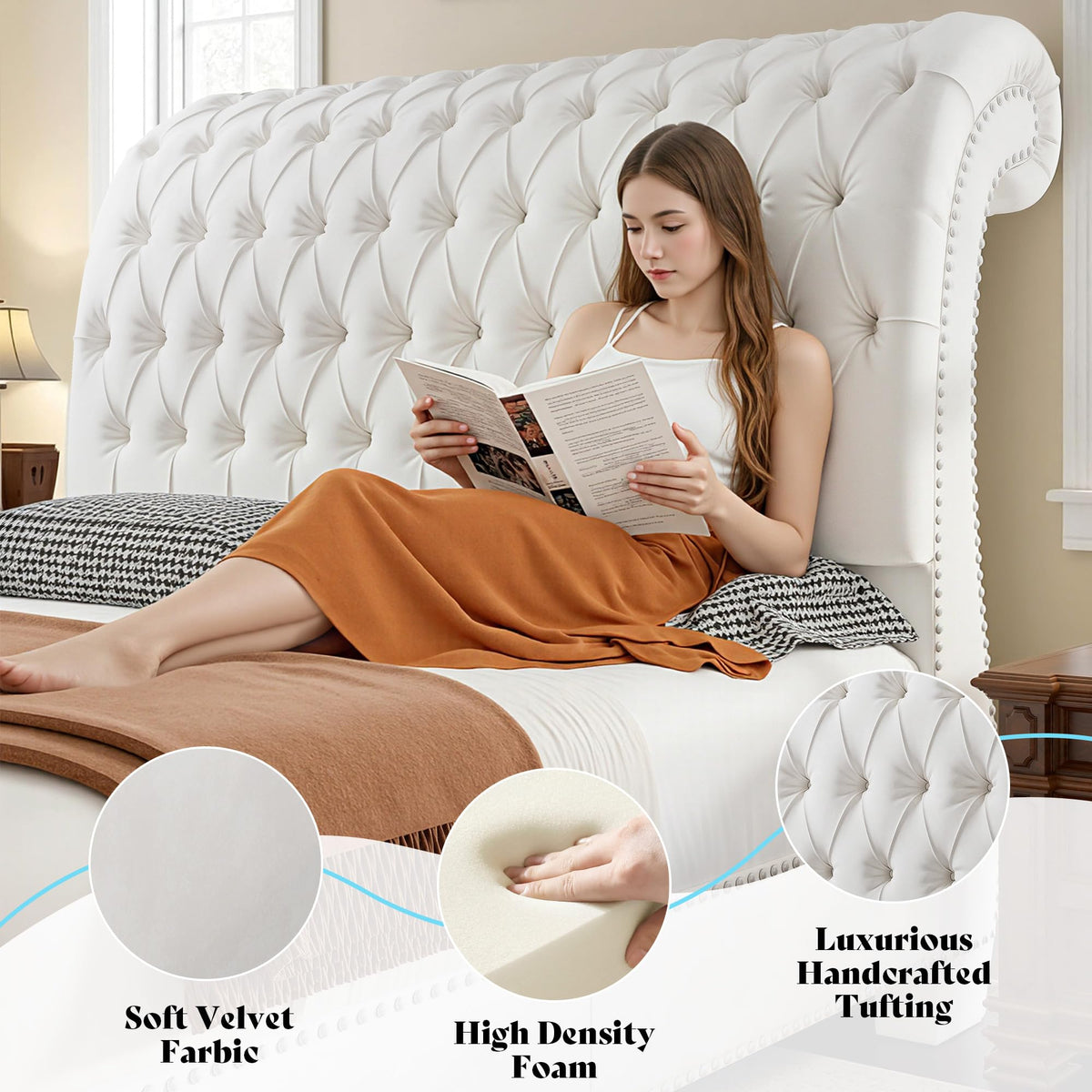 Upholstered Bed Frame Sleigh Headboard & Footboard, White