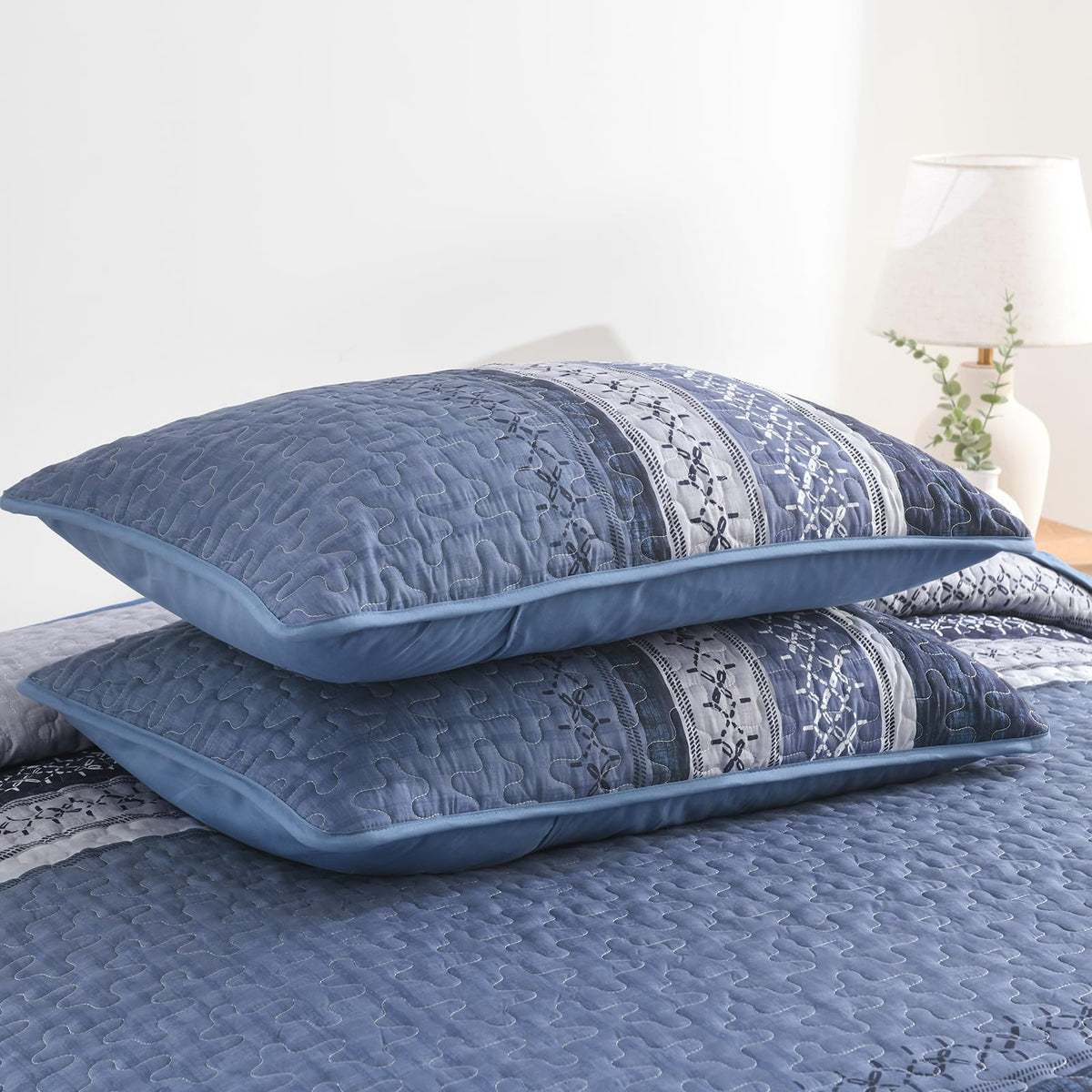 Quilt Bedding Set, Navy Blue Patchwork Striped Bedspread