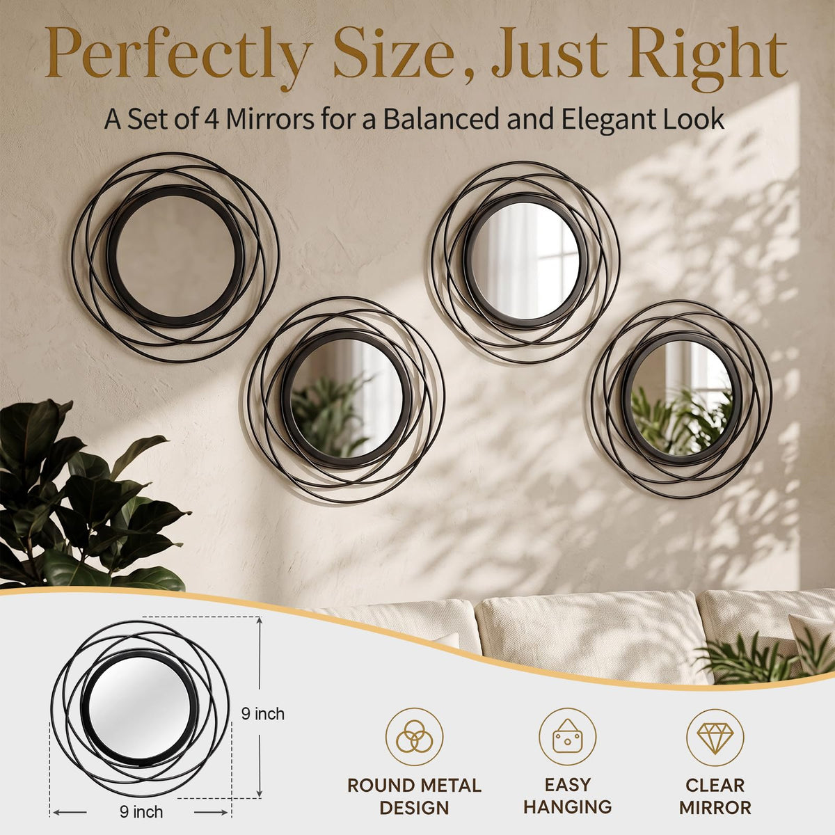 Set of 4 Decorative Wall Mirrors,9 Inch Modern Metal Frame Round Accent Mirrors Abstract Wall Art Decor Bedroom