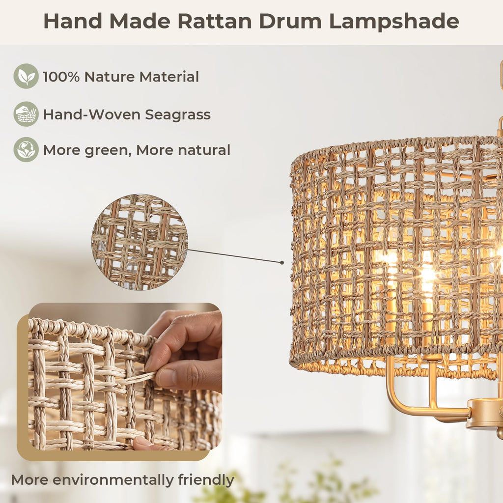 Large Rattan Chandelier, 19'' Farmhouse Boho Chandeliers, 5-Light Gold Wicker Light Fixture, Hand-Woven Rattan