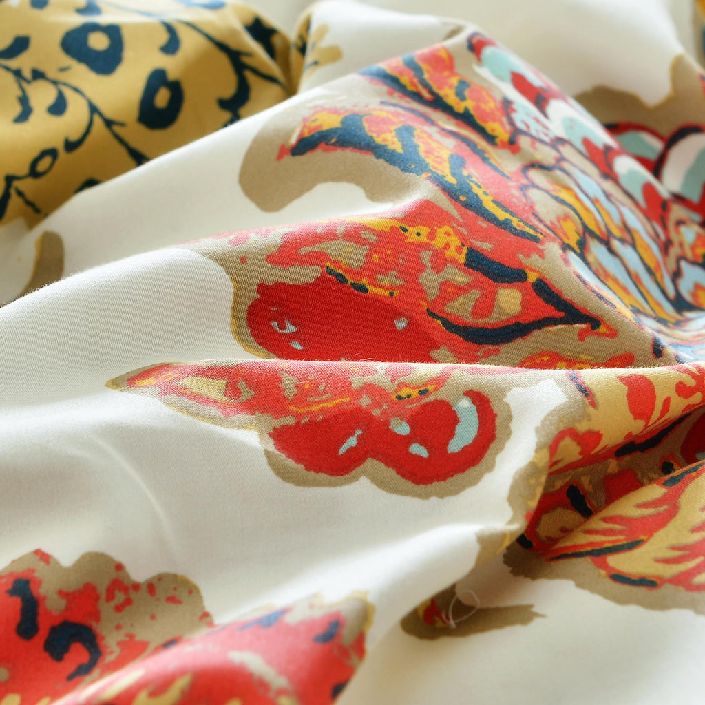 Luxury Bohemian Damask Floral Queen Size 3Pcs(1 Duvet Cover+ 2 Pillowcases/Shams Farmhouse Shabby Flower Colorful Red