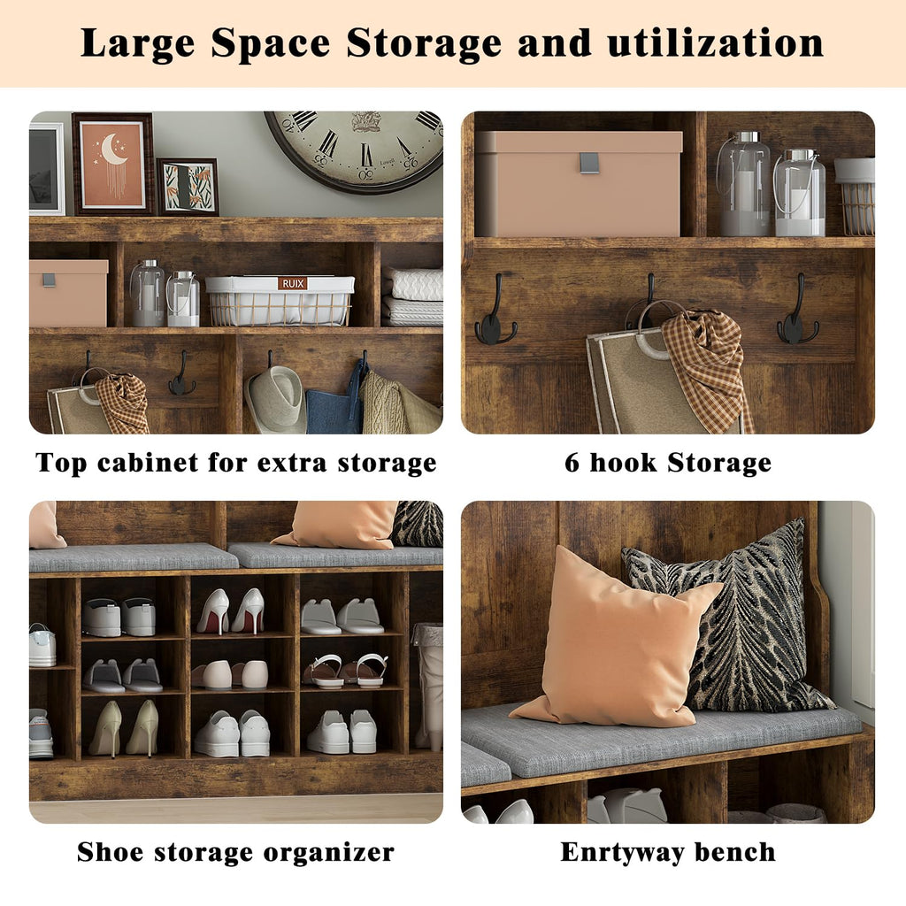 Hall Tree with Bench and Shoe Storage, 53" Farmhouse 4-in-1 Mudroom Storage Organizer with Coat Rack, 6 Hooks, 12