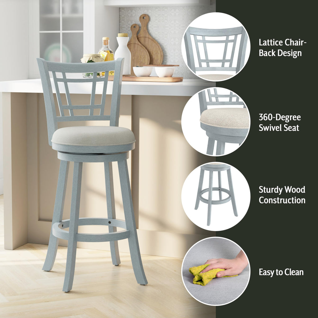 Inspired Bertoia Style Fairfox 30.5" Wood Swivel Bar Height Stool, Blue Wire Brush