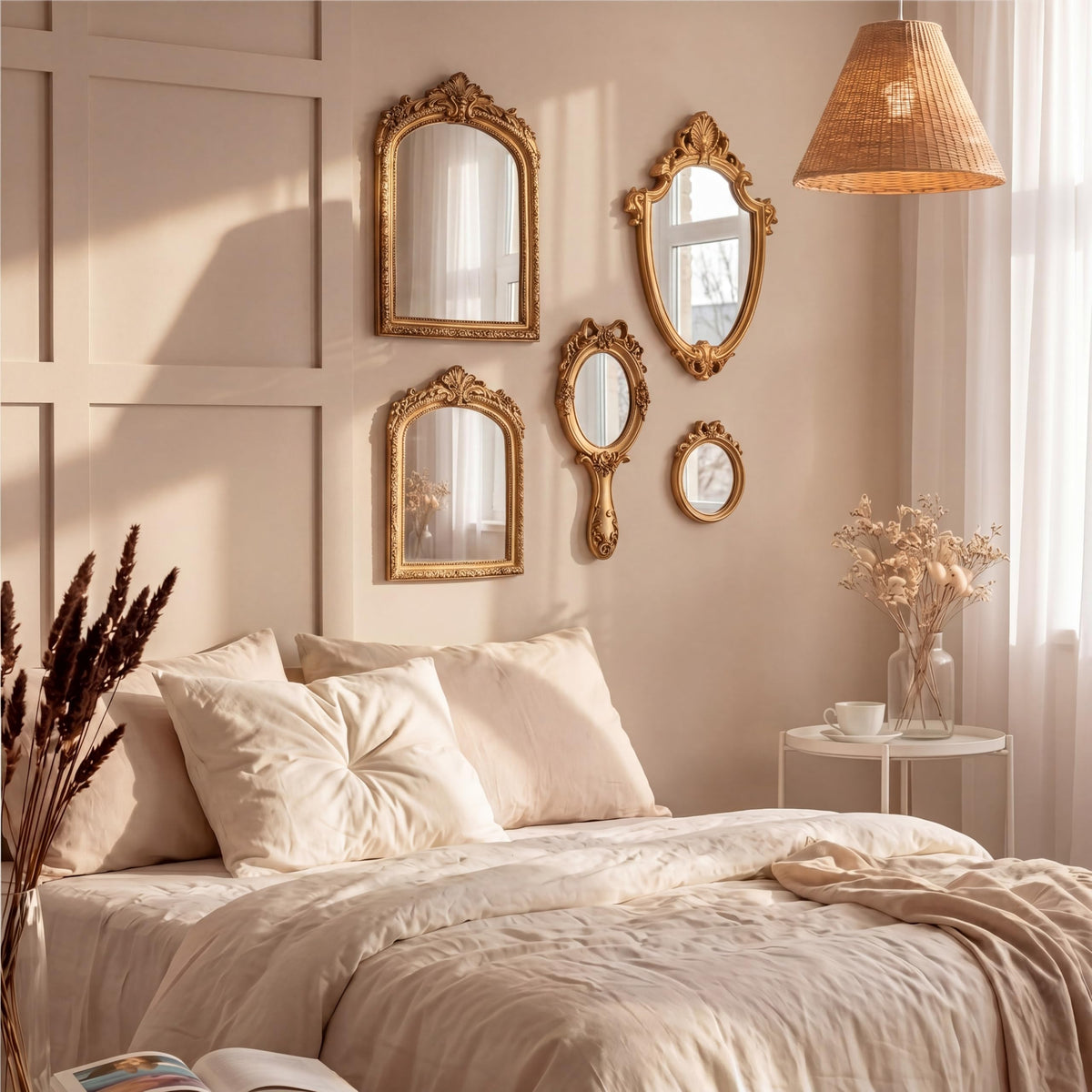 5 Pcs Vintage Gold Wall Mirror Set, 13in/8in/7in/4in, Classic Style