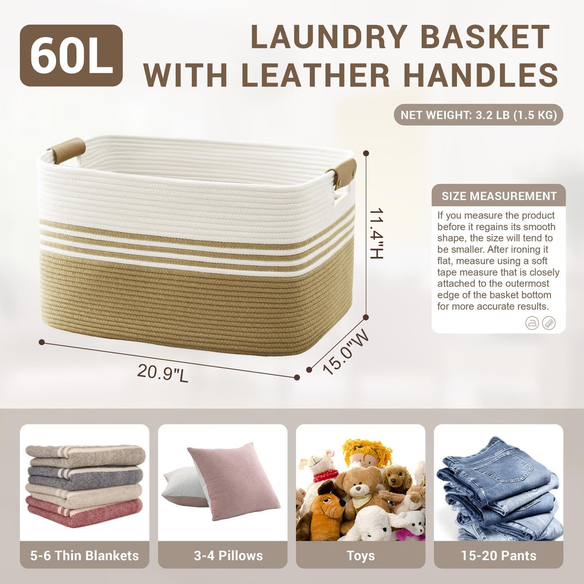 60L Woven Laundry Basket Hamper with Leather Handles,Khaki