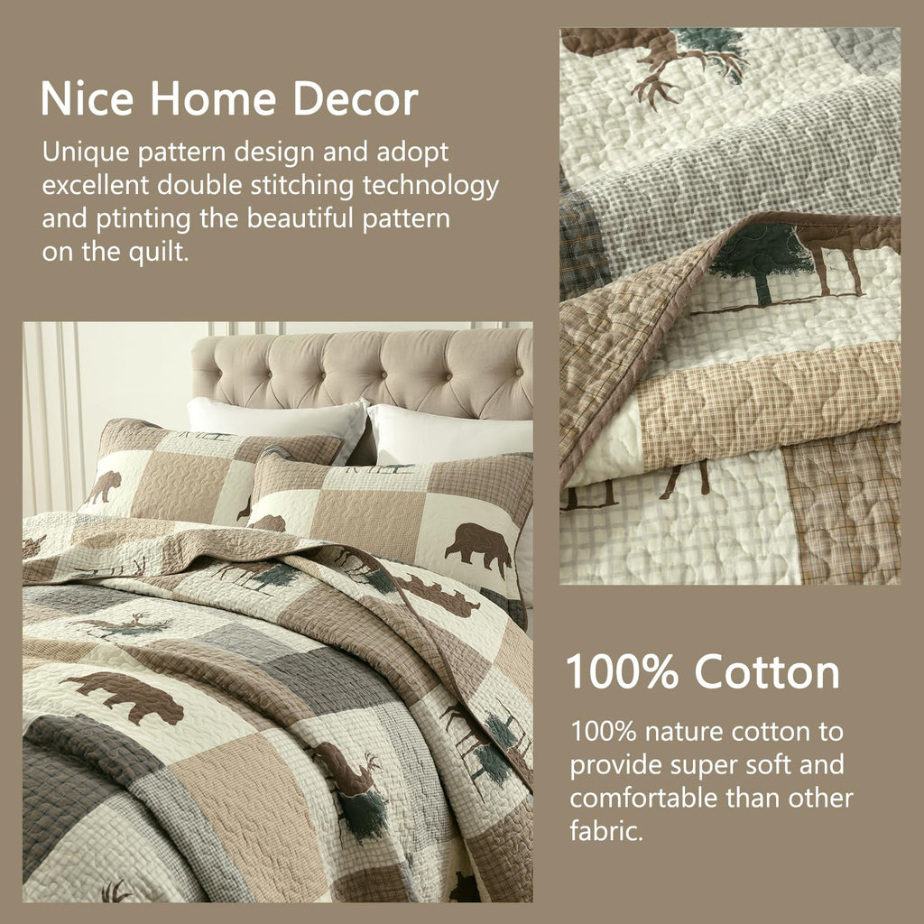 Quilts, 100% Cotton Quilt Set, Lodge Cabin Farmhouse Quilt, Brown Gray Beige Plaid Animal