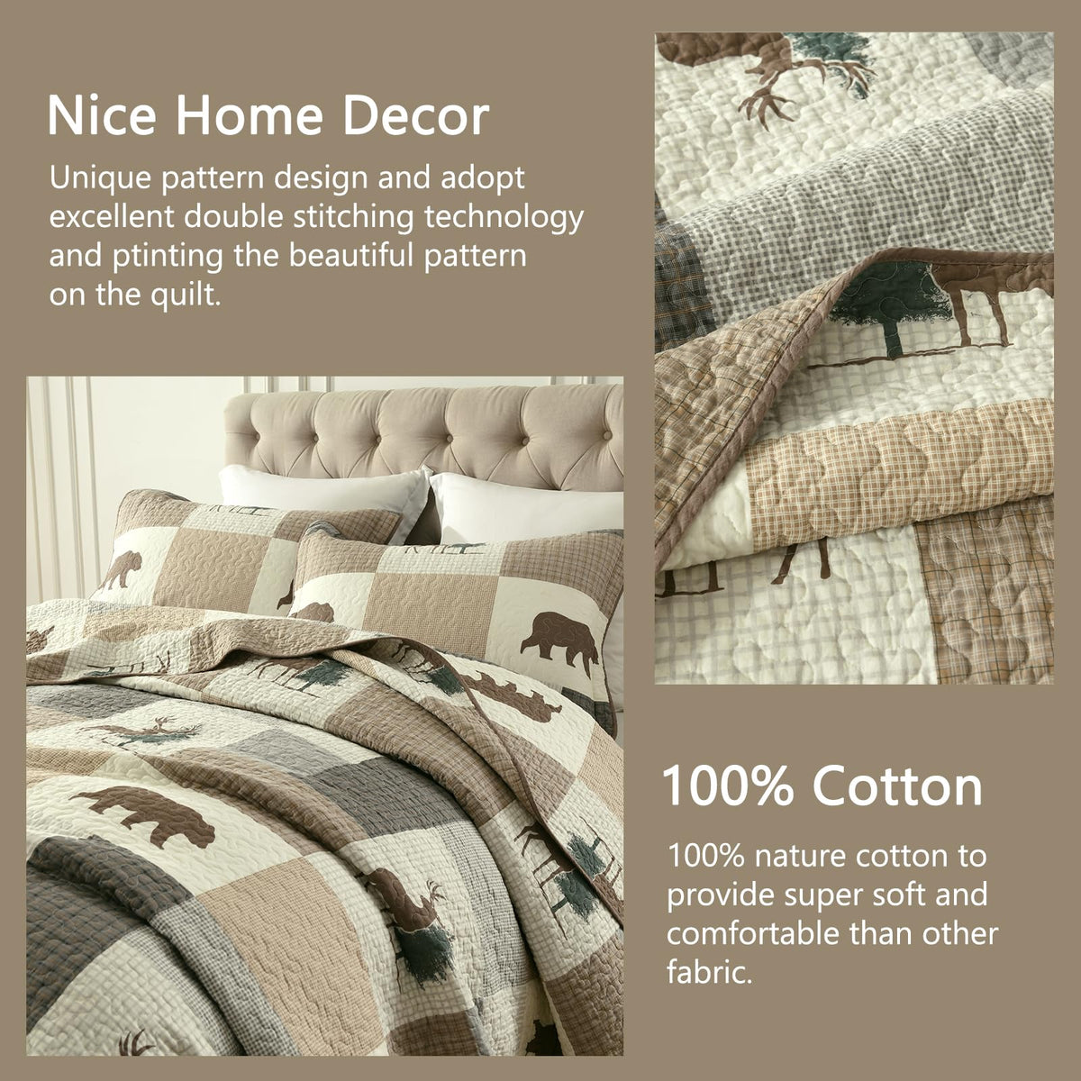 Quilts, 100% Cotton Quilt Set, Lodge Cabin Farmhouse Quilt, Brown Gray Beige Plaid Animal