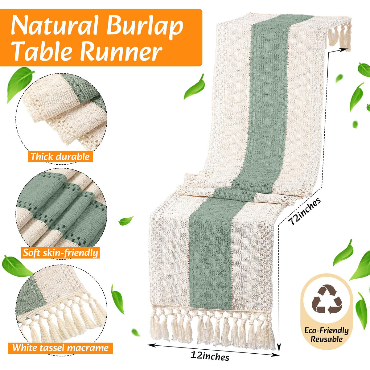 6 Sets Boho Table Runner and Woven Round Placemats Set, Green, 12x72