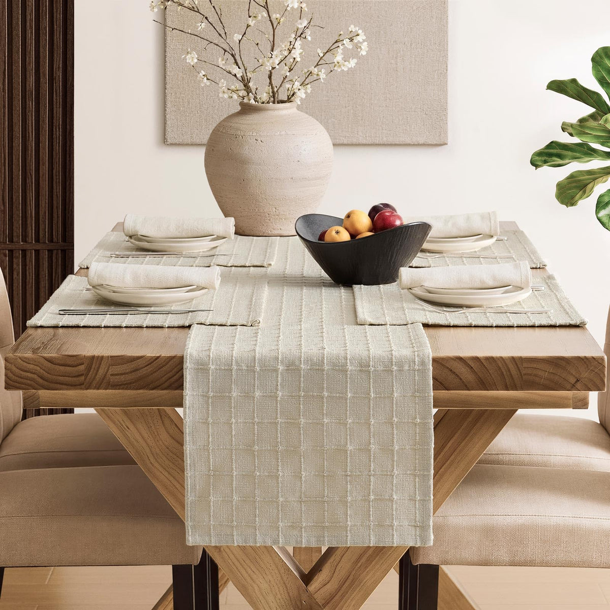 Artisanal Grid Decorative Linen Placemats Set of 4, Neutral Beige