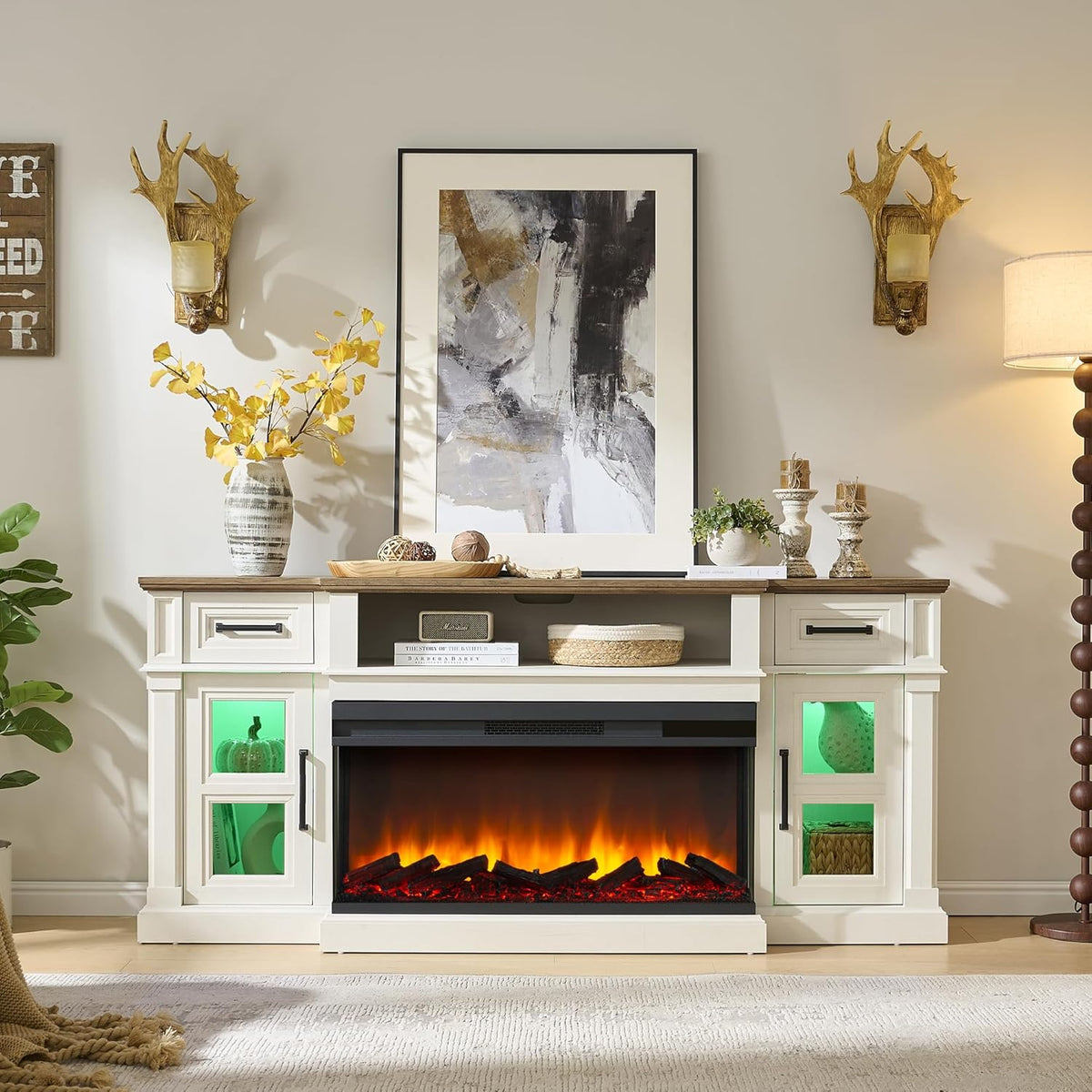 3-Sided Fireplace TV Stand for TVs up to 80 Inches, Farmhouse Entertainment Center with 36 Inch Electric Fireplace, Storage Drawers and Cabinets, Antique White