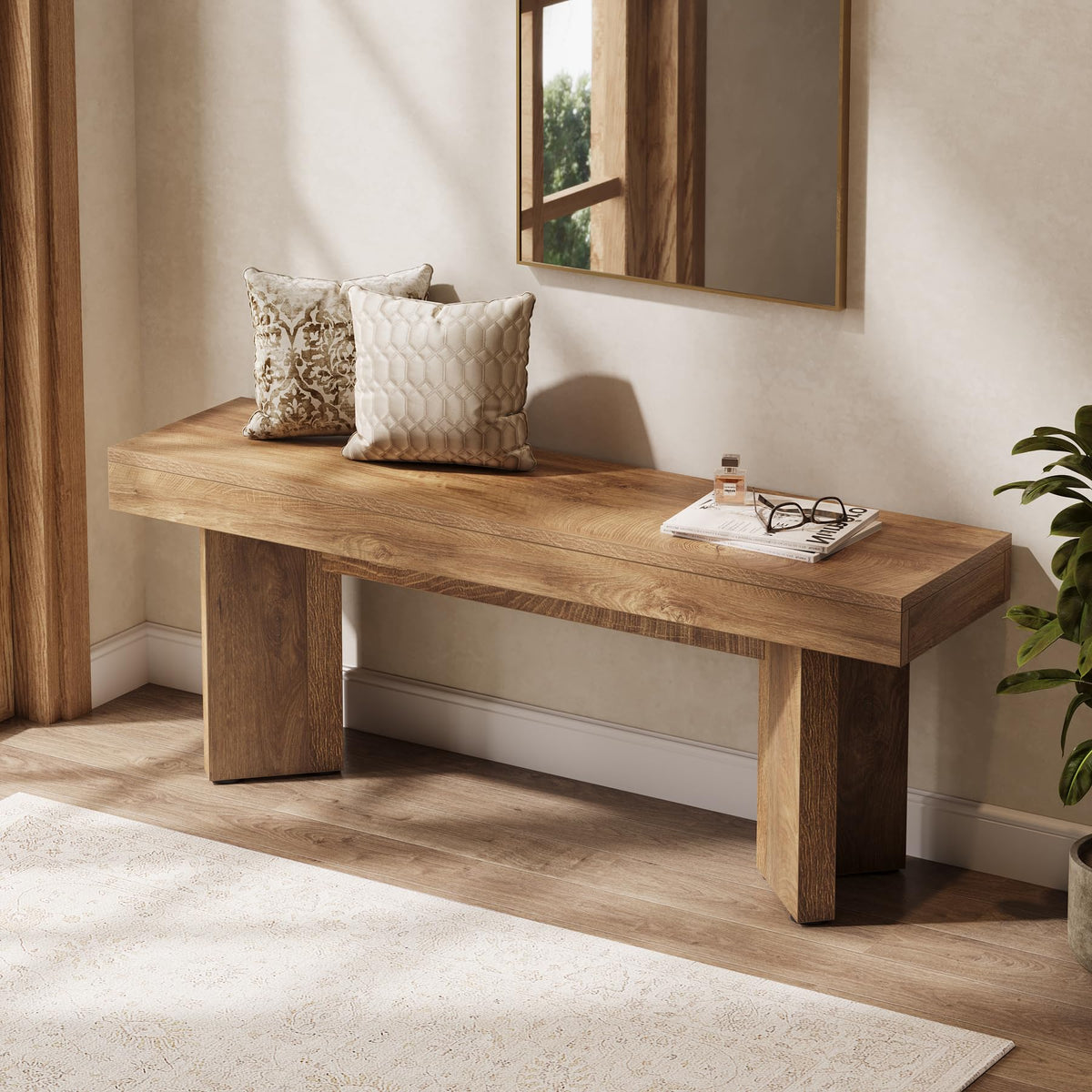 47" Wooden Entryway Bench, Farmhouse Indoor End of Bed Bench, Long Table Benches Seat, Foyer, End of Bed (Rustic