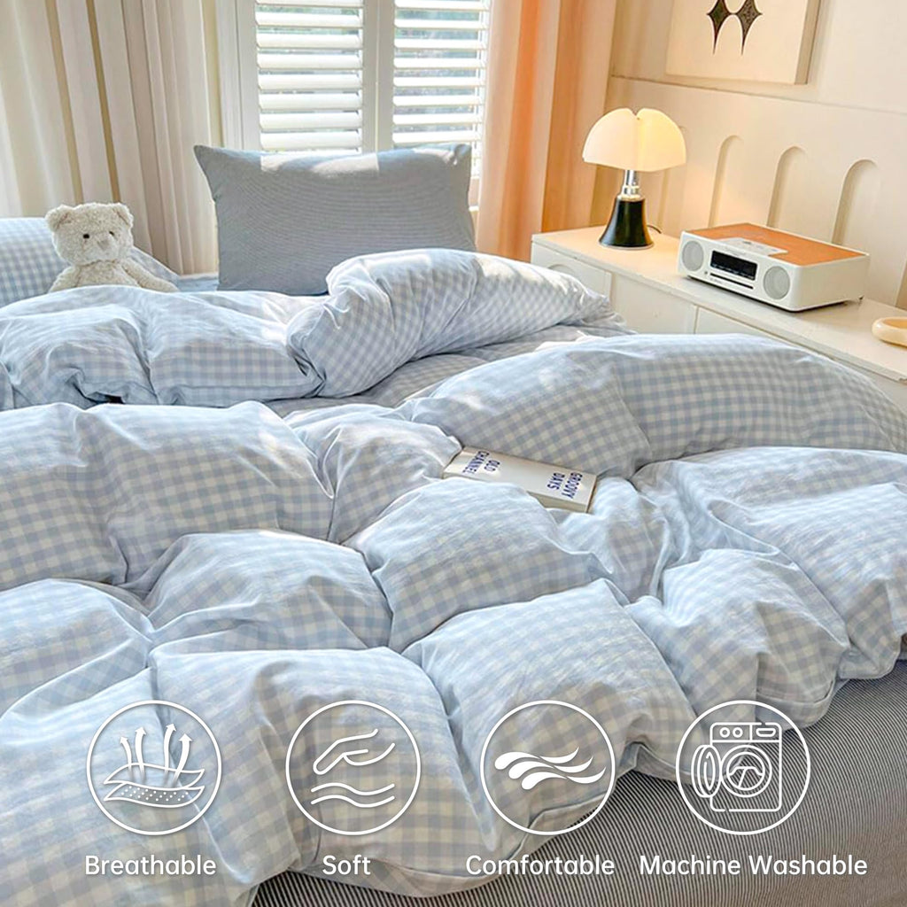 Gingham Comforter Set 3 Pieces, Soft Breathable Bed in a Bag, Light Blue White Checkered Plaid Bedding