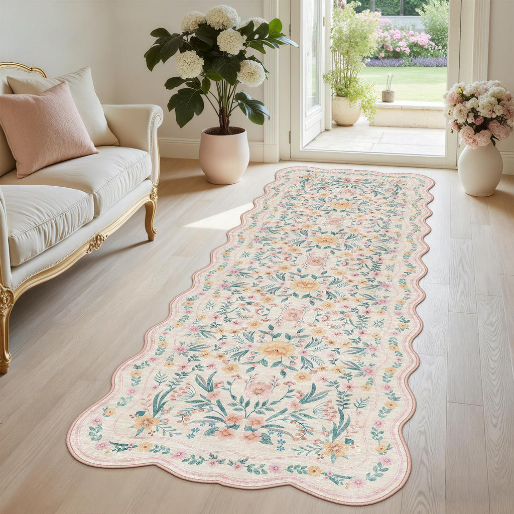 Scalloped Floral Runner Rug, Pink Washable Non-Slip Boho Hallway Rug, Soft Cute Carpet Runner, Laundry, Entryway