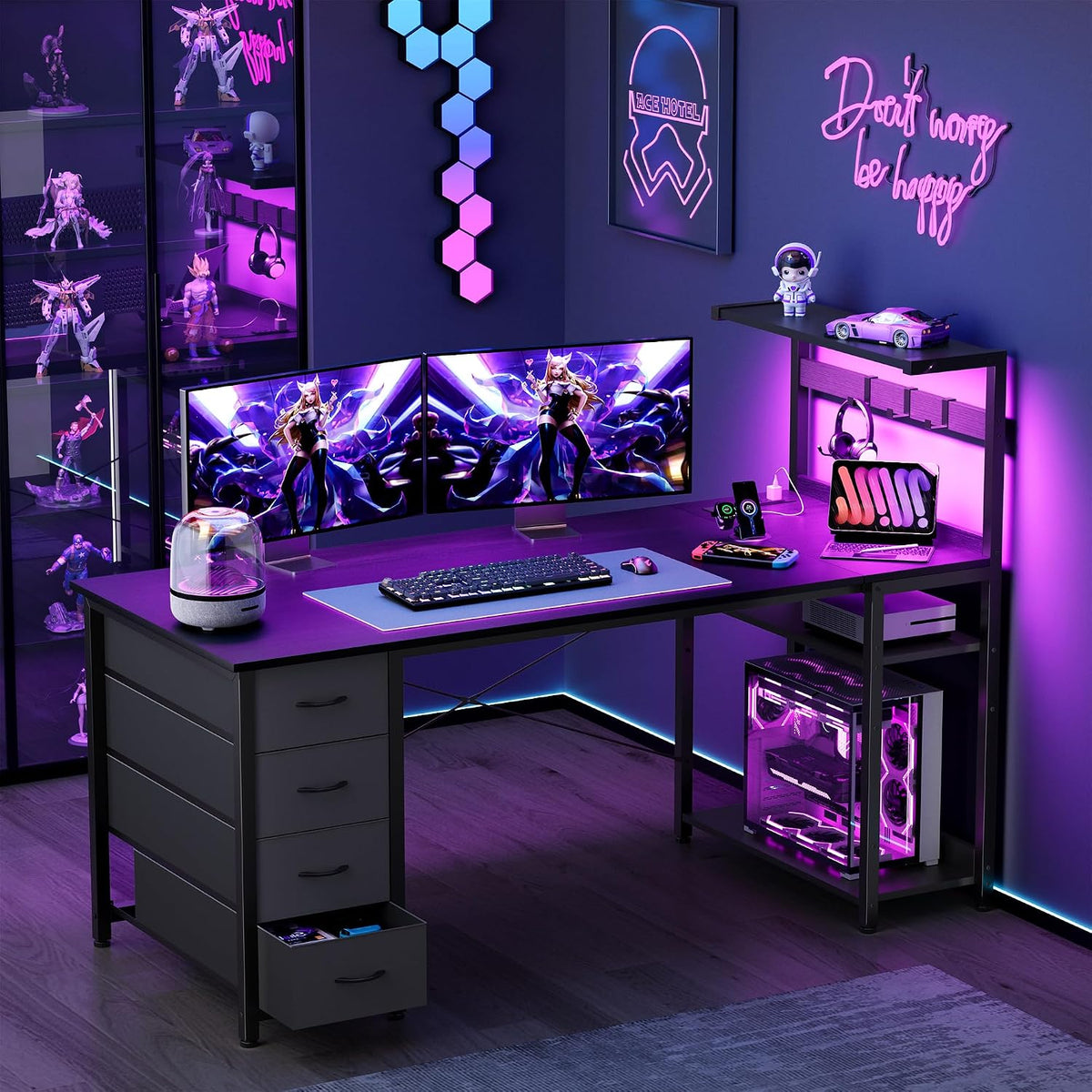 55in Gaming Computer Desk with Drawers & Storage Shelf & Iron Hook, Black