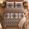 Rustic Western Southwestern Native American Tribal Navajo Design Oversized Bedspread Quilt Set in Beige Taupe Brown