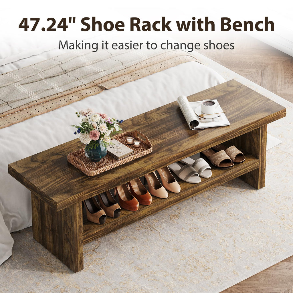 47" 2-Tier Wooden Entryway Bench with Shoe Storage, Rustic Brown