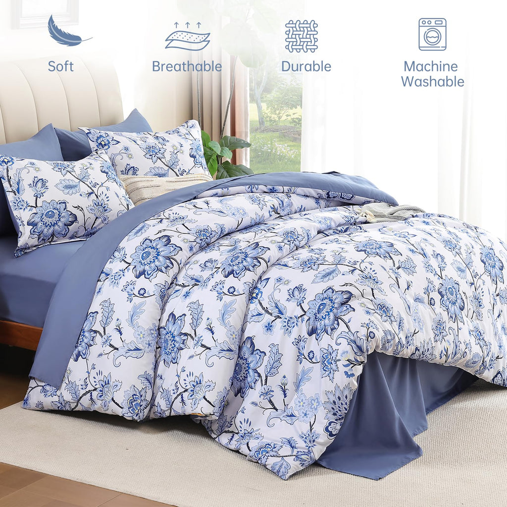 Blue Paisley Floral Comforter Set, 7 Pieces King Bed in a Bag