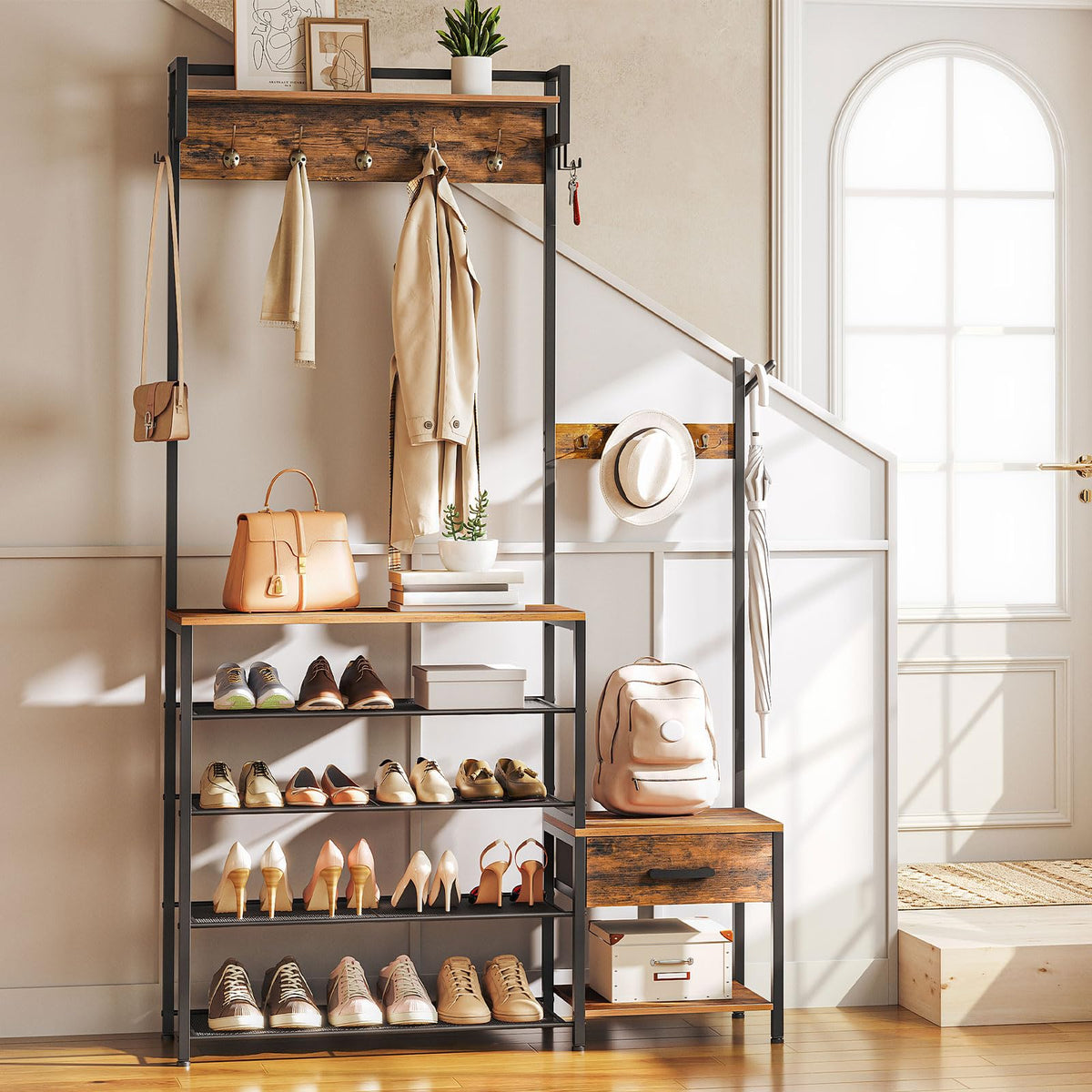 Hall Tree, Entryway Coat Rack Shoe Bench, Shoe and Coat Rack, Hall Tree Coat Rack, with Non-Woven Fabric Drawer, for