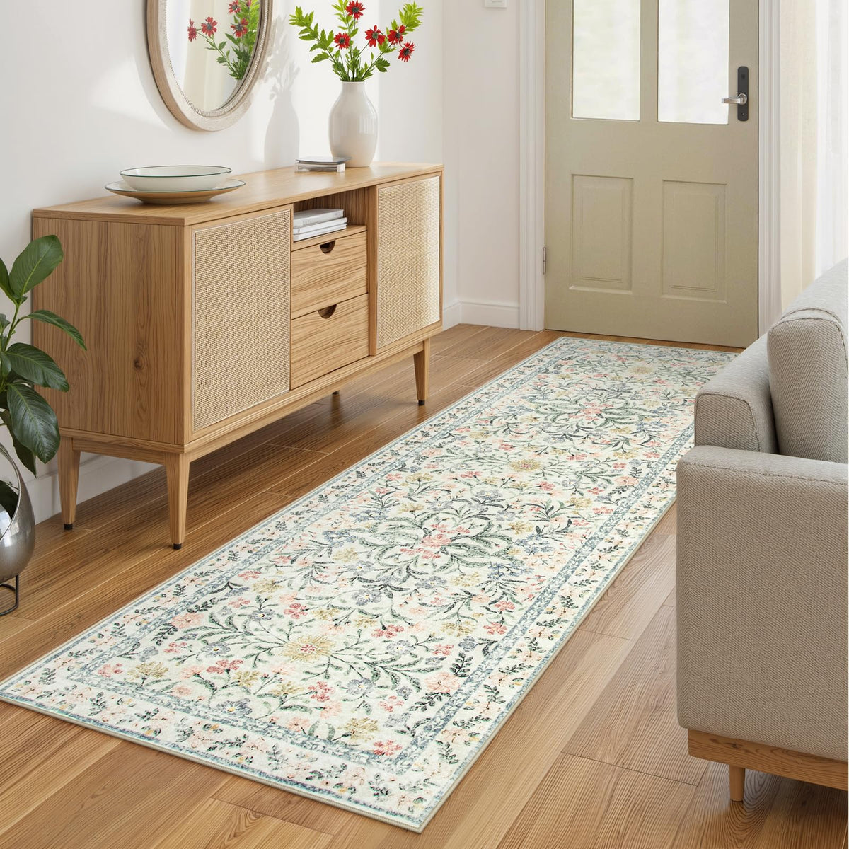 Washable Rug Runner 2'6''x8', Boho Floral Hallway Runner Rug 8ft Long Carpet, Soft Non Slip Ultra-Thin Beige Carpets