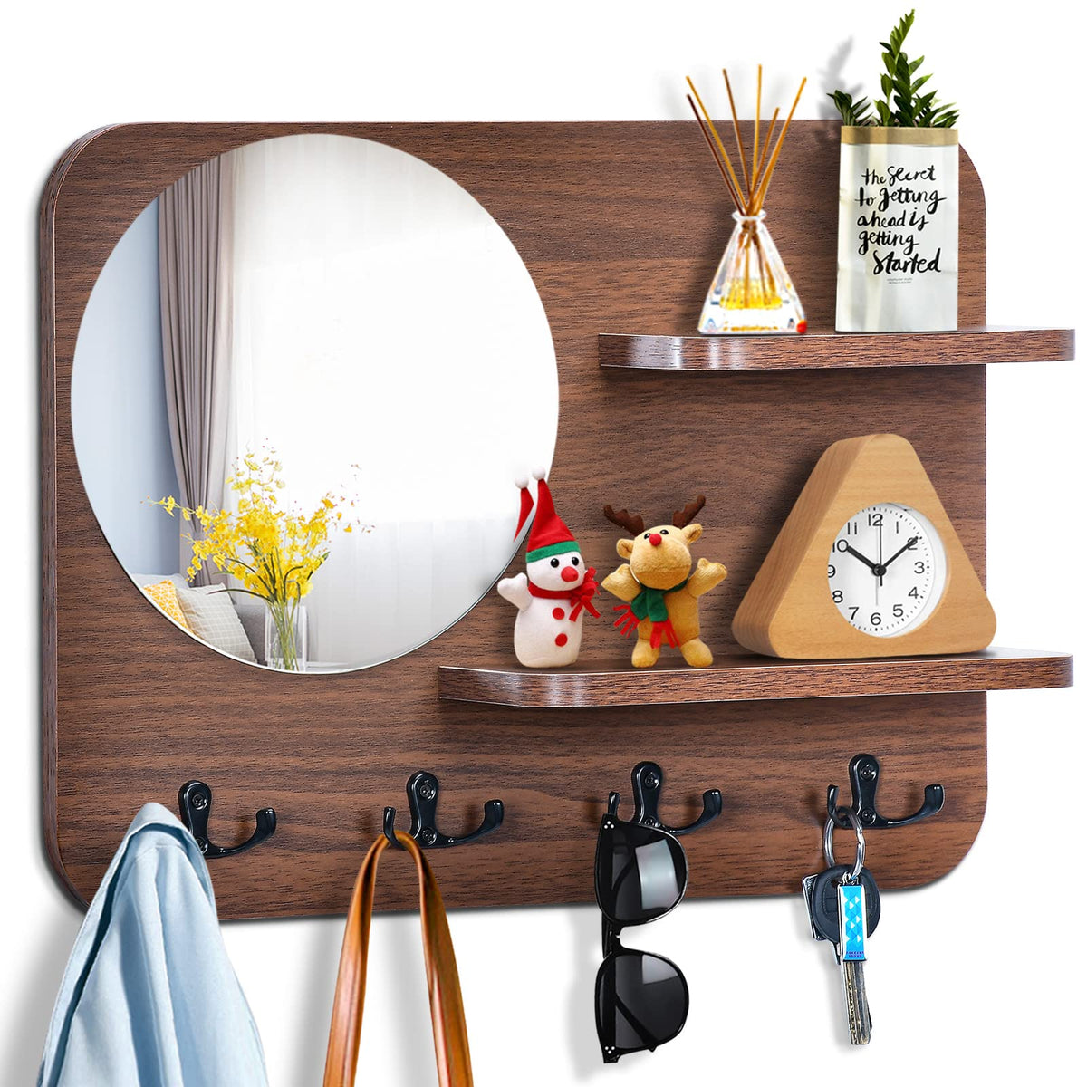 Coat Rack Wall Mount with Shelf & Mirror Decorative Entryway Hook