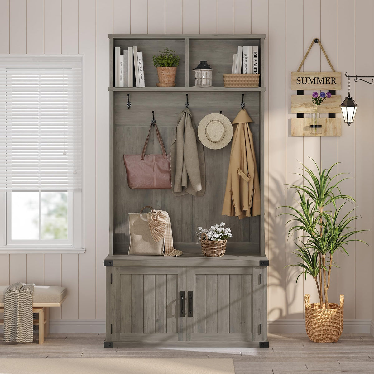 Farmhouse Hall Tree, Entryway Coat Rack with Closed Shoe Cabinet