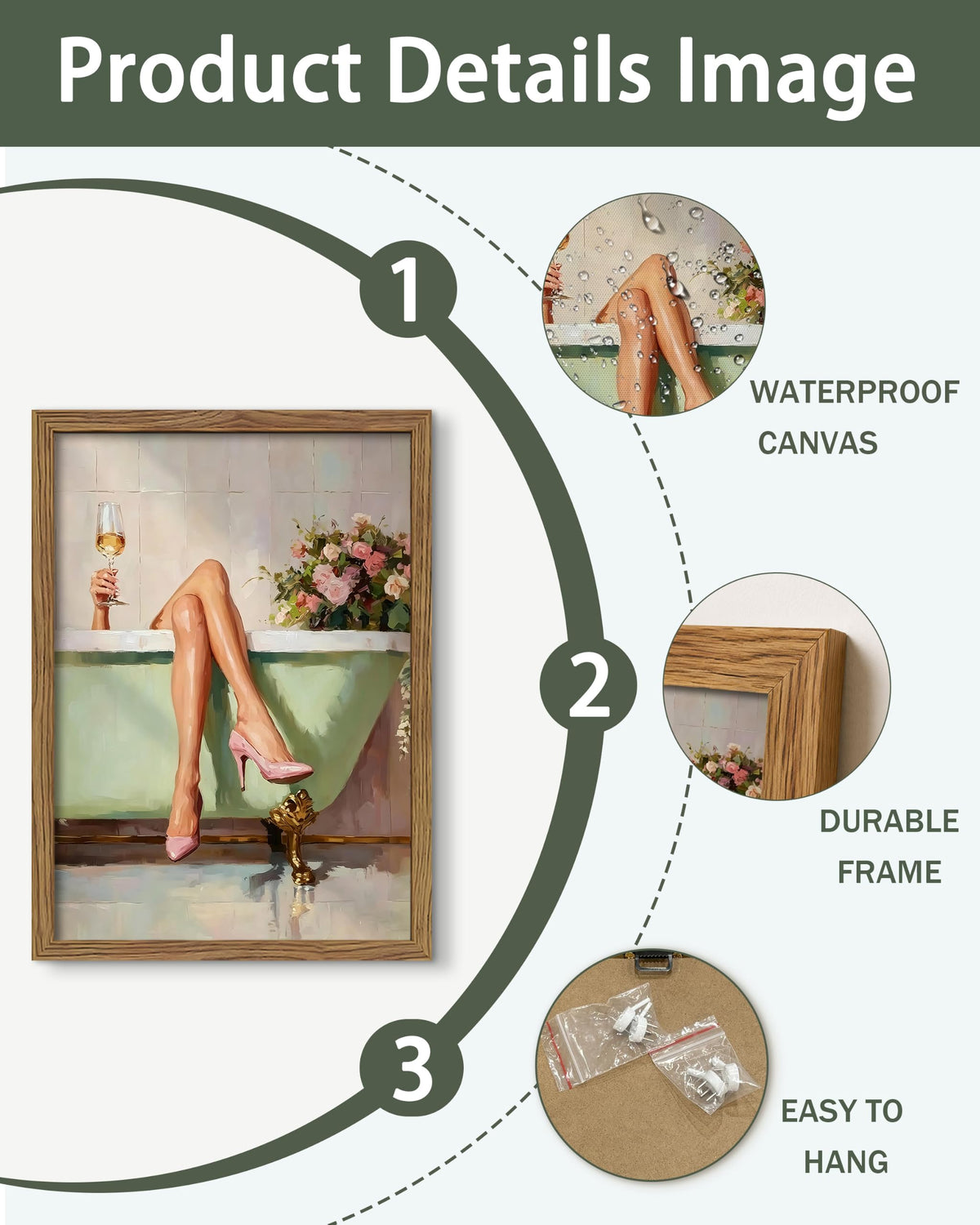 Framed Girl Bathroom Wall Art, Fashion Woman Relaxing in Bathtub Wall Decor Painting Picture, Pink High Heel Wine