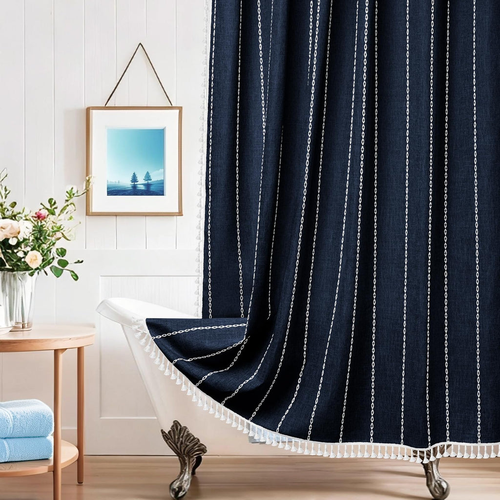 72 x 76 inch Extra Long Boho Chic Heavyweight with Tassels, Navy Linen Textured Fabric Farmhouse, Elegant White